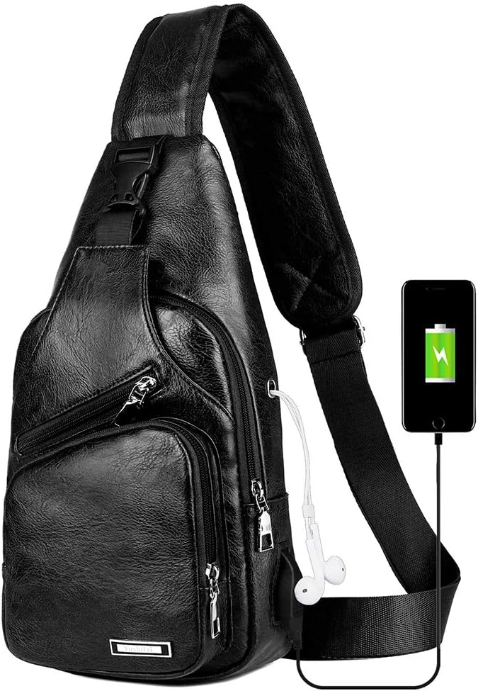 Leather Sling Bag Mens Crossbody Bag Chest Bag Sling Backpack for Men with USB Charge Port