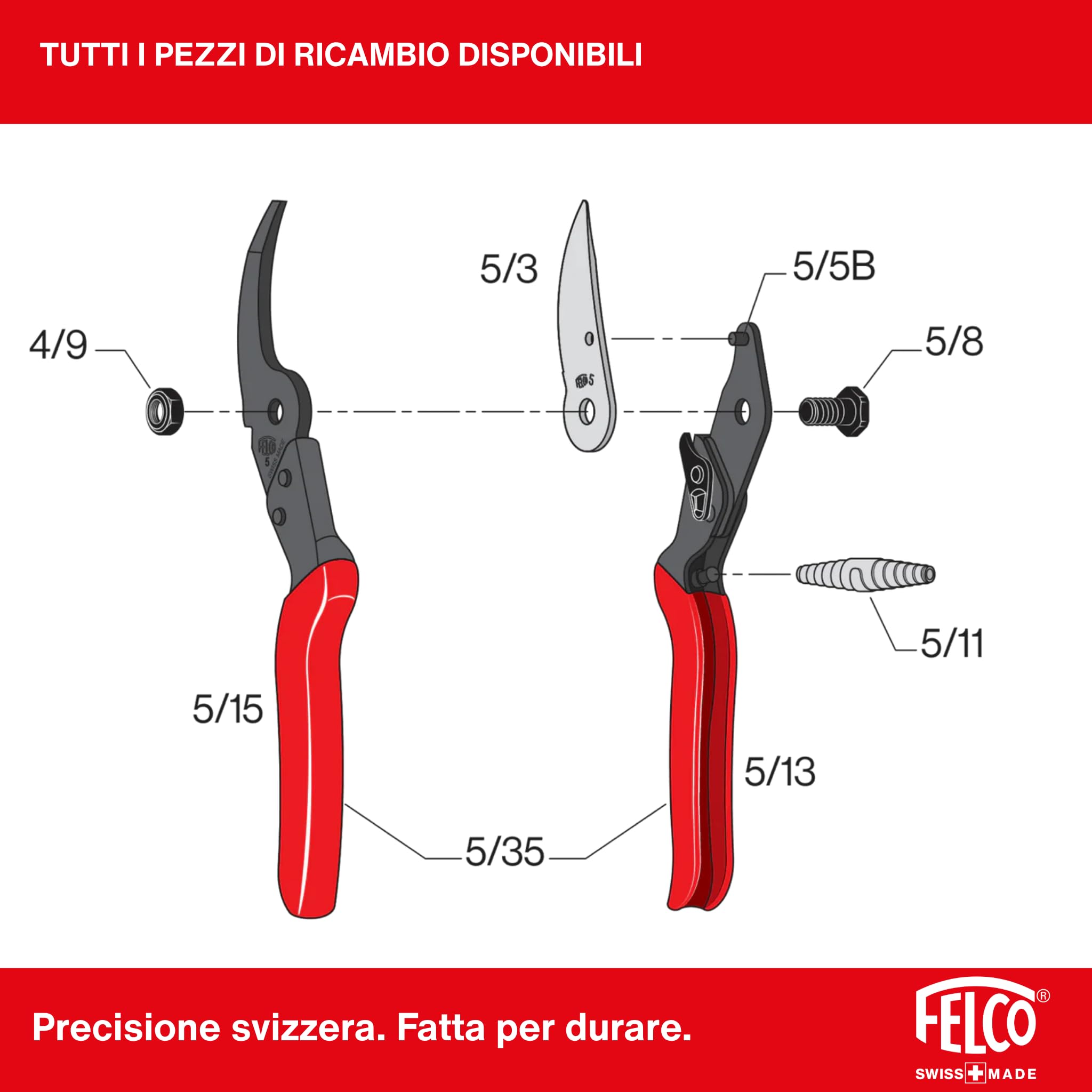 FELCO 5 Cesoia da Potatura Bypass, Mano Destra, Mano Grande, Capacità di Taglio 25mm, Costruzione Tutto Acciaio, Testa Affusolata, Made in Switzerland, Garanzia a Vita