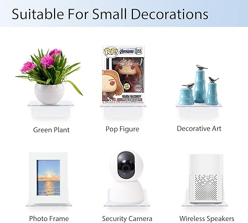 Miniatura 4 de PuzFun Paquete de 3 estantes flotantes de acrílico transparente para pared, estantes de pared pequeños sin taladrar para plantas, altavoz, cámara