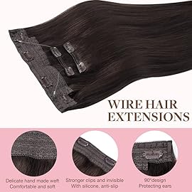 GOO GOO Wire Hair Extensions Human Hair, 2A Light Brown Natural 14inch 105g, Invisible Wire Hair Extensions with Transparent, Seamless Fish Line Hairpiece