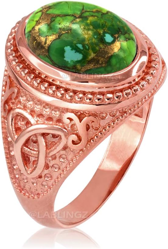 LA BLINGZ 14K Rose Gold Celtic Knot Green Copper Turquoise Ring