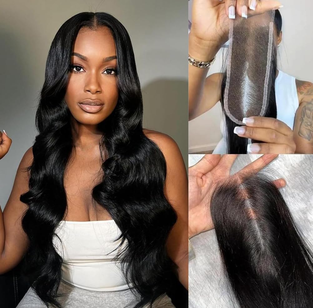 2x6 HD Lace Closure Human Hair Body Wave 0.1mm Ultra-thin Invisible SKINLIKE HD Lace Closure Frontal for Black Women Pre Plucked Hairline Single Knot Natural Color Virgin Human Hair 18 Inch