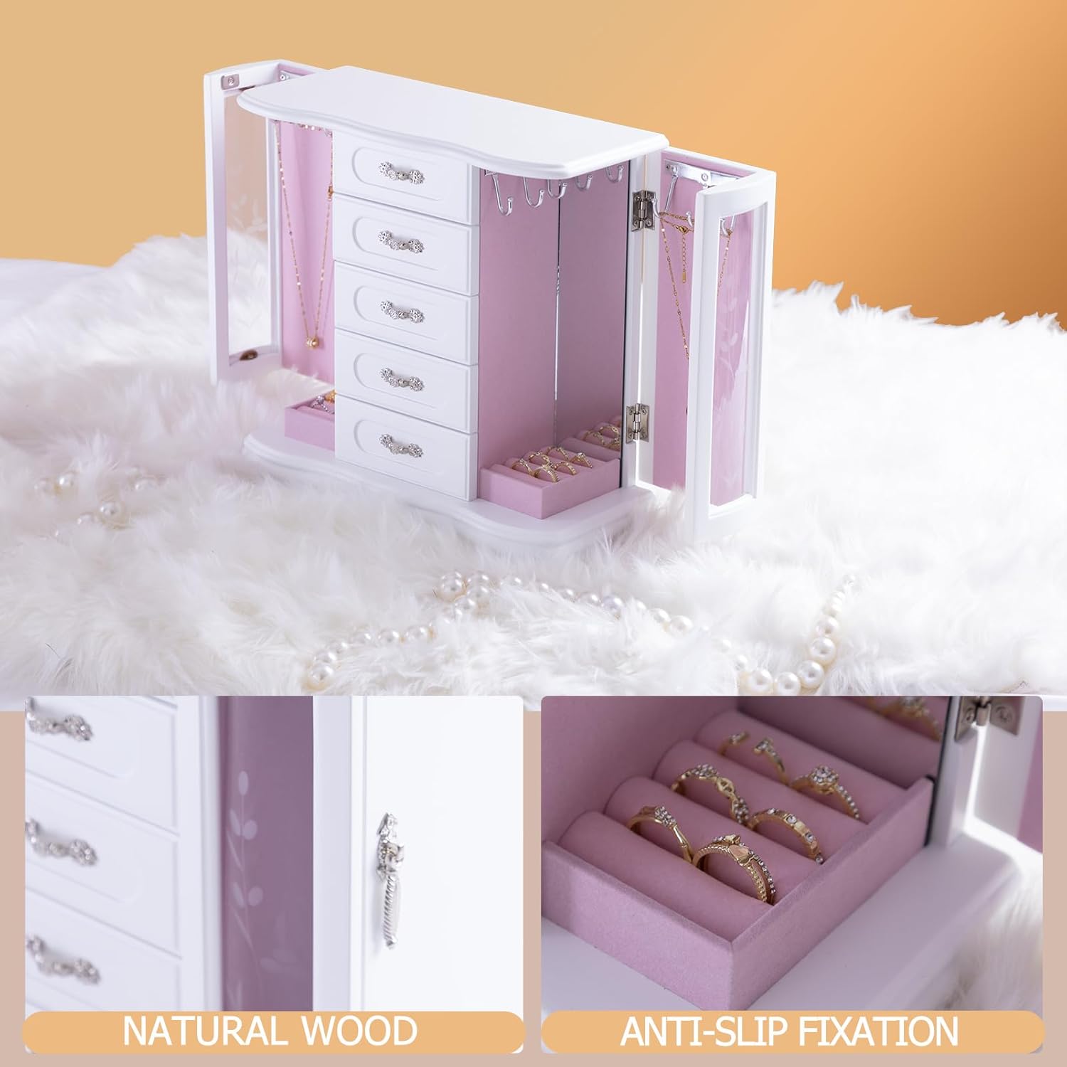 Jewelry Boxes For Women,Handle Caebing Craft Wooden Jewelry Box,With 12Hooks And Velvet Lining White Jewelry Boxes,Suitable As Gift For Friends - Image 9