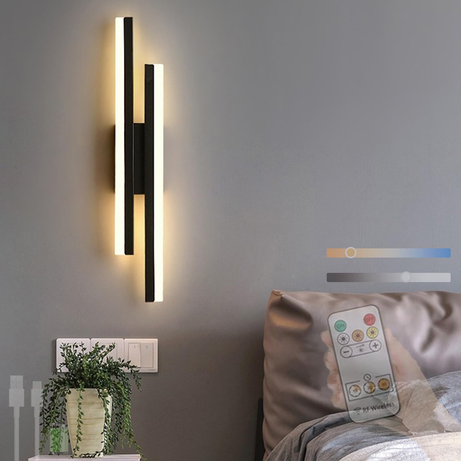 Applique da Parete Interno LED Lampada da Parete con Telecomando Dimmerabile Lampada a Muro USB Batteria Ricaricabile per Camera da Letto Soggiorno Corridoio (Nero)