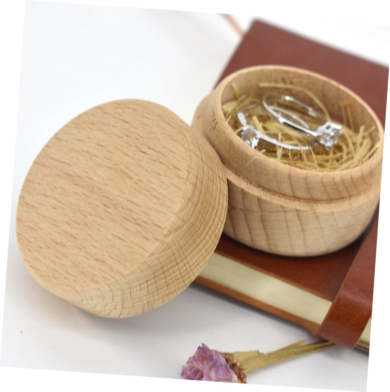 Wooden Ring Box with Cover, Beige Linen Jewelry Case image 4