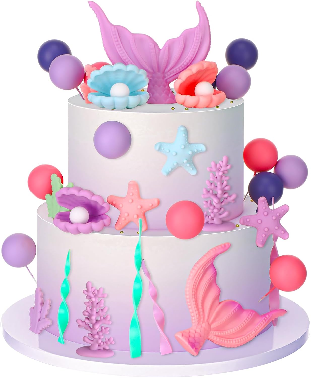 Mermaid Cake Topper, 40 Pcs Under the Sea Cake Decorations with Seaweed Shells Starfish Coralal, Cake Decor for Birthday, Baby Shower Party