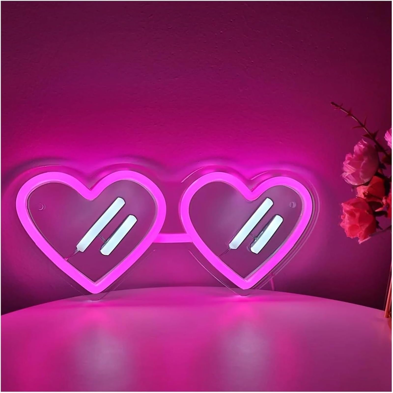 Letrero luminoso de neón con forma corazón y gafas para sol, regulable, para decoración pared, 11,3 x 26,7 cm