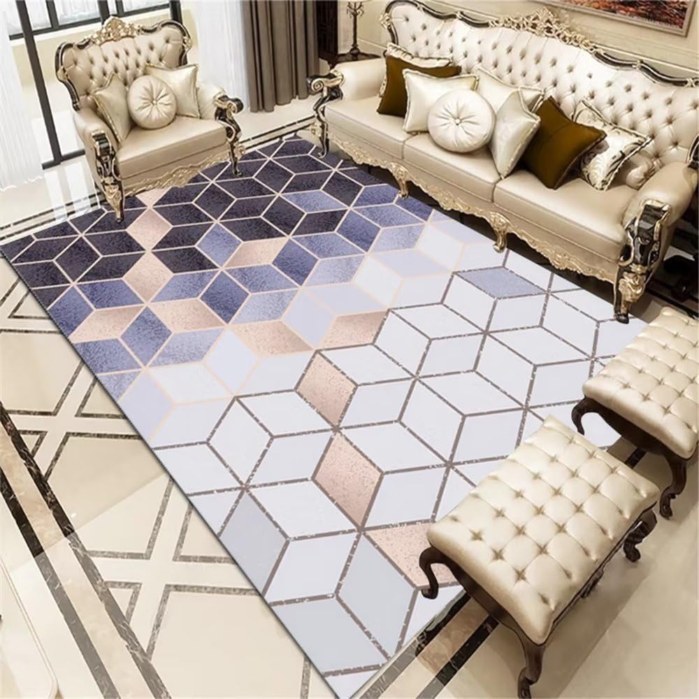 Tapis enfant chambre fille bleu 200x250cm géométrique et anti-acariens pour grand salon moderne