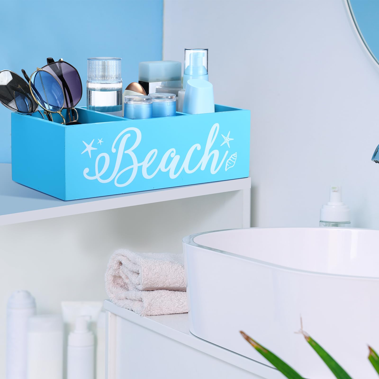 CroBlissful Strand-Aufbewahrungskorb, blaue Sommer-Holzkiste mit drei Fächern, Toilettentank-Tablett für drinnen und draußen, Schwimmbad, Dekoration, Sonnenschutz, Sonnenbrille, Pool, Spielzeug