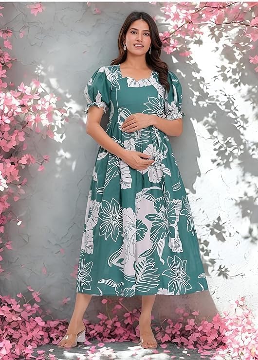 Image of Women's Pure Cotton All Over Printed Maternity Feeding Kurti | Floral Print Maternity Gown Green