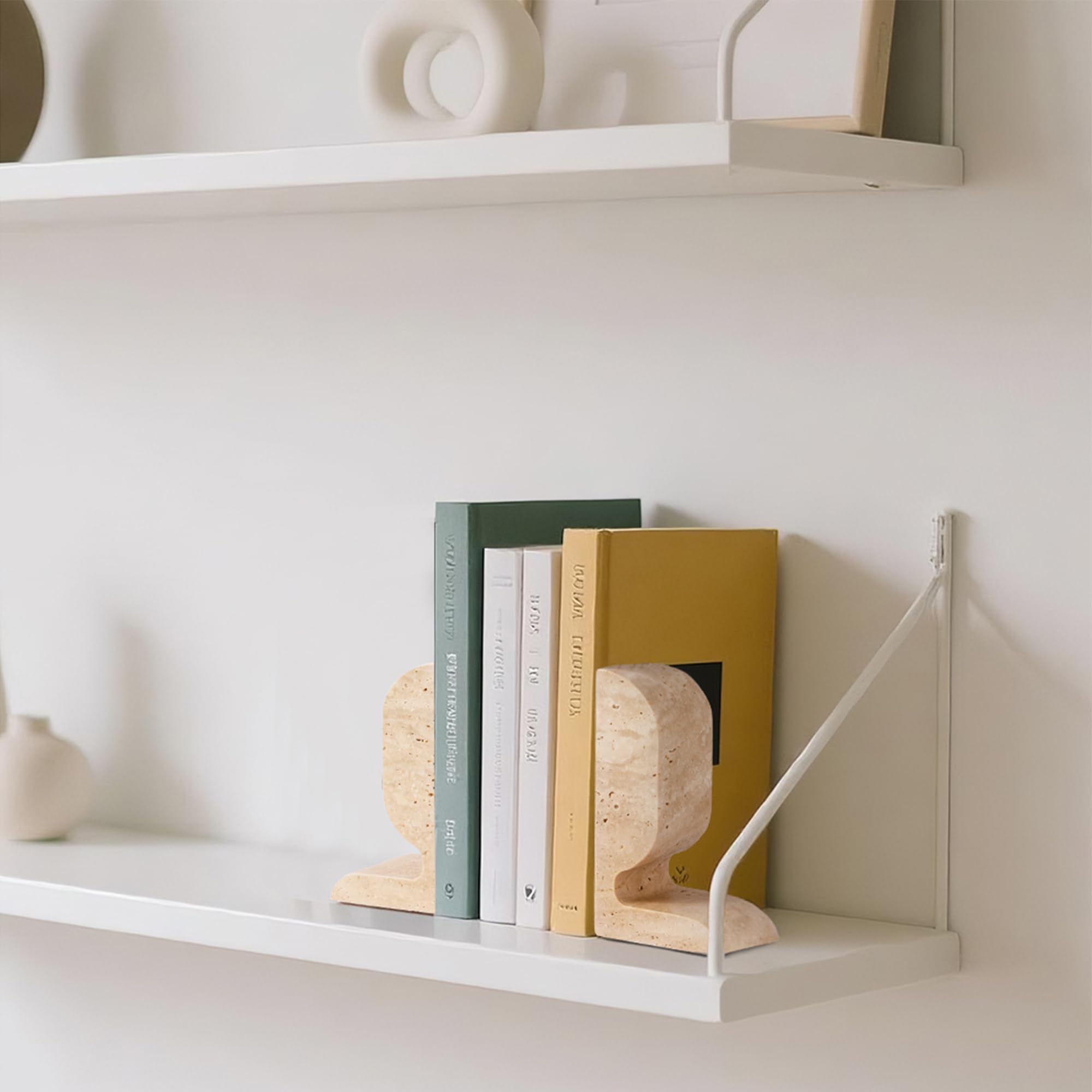 Travertin-Buchstützen dekorativ, Marmor dekorative Buchstützen für Regale, robuste Stein-Buchstützen für gebundene Buch- und Kochbücher, einzigartiger Buchstopper & Halter, 2 Stück, Beige (WH090