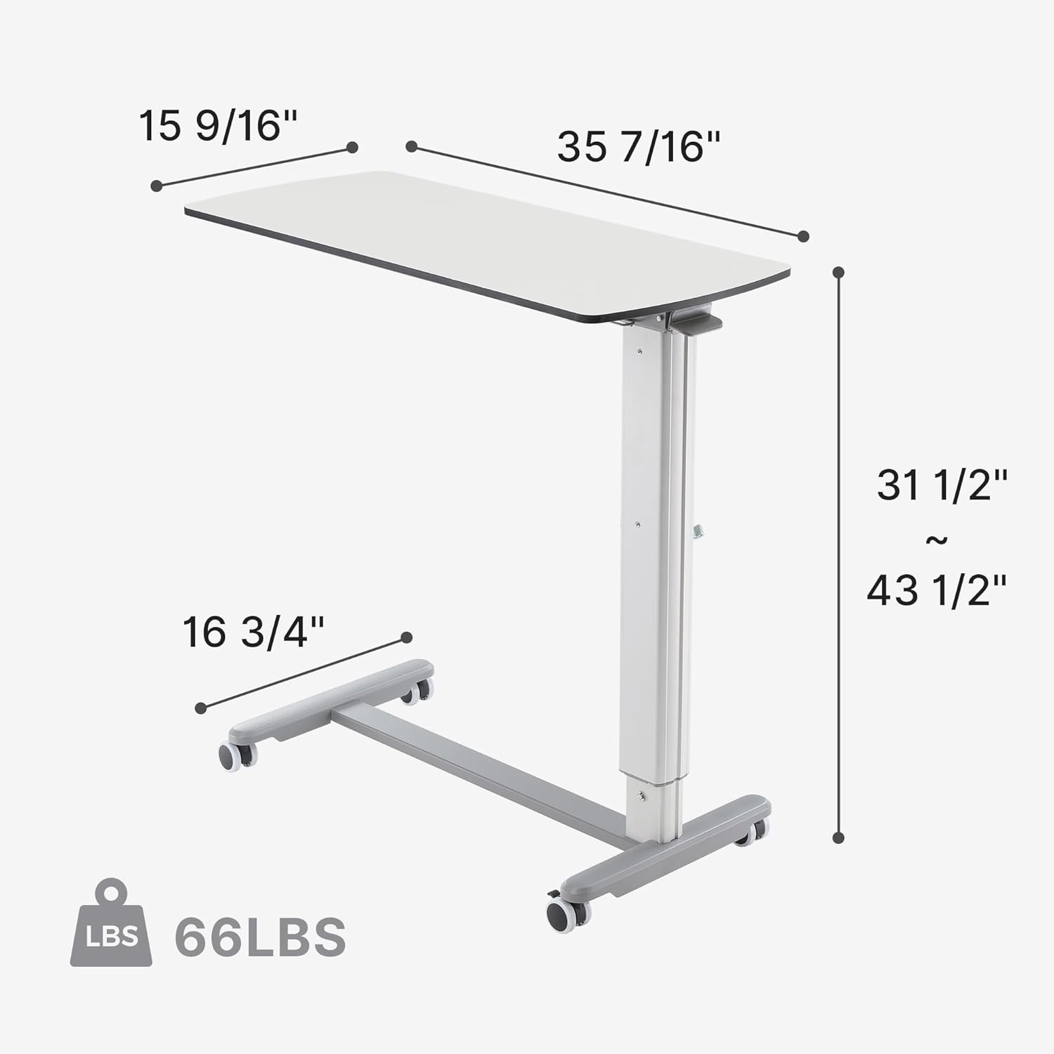 EUREKA ERGONOMIC Overbed Table with Wheels, 35.4" Pneumatic Adjustable Bedside Desk with C-Shaped Base, HPL Top, Aluminum Frame, Lockable Casters, for Home Care, Office, Sofa, Bedside, Light Greige