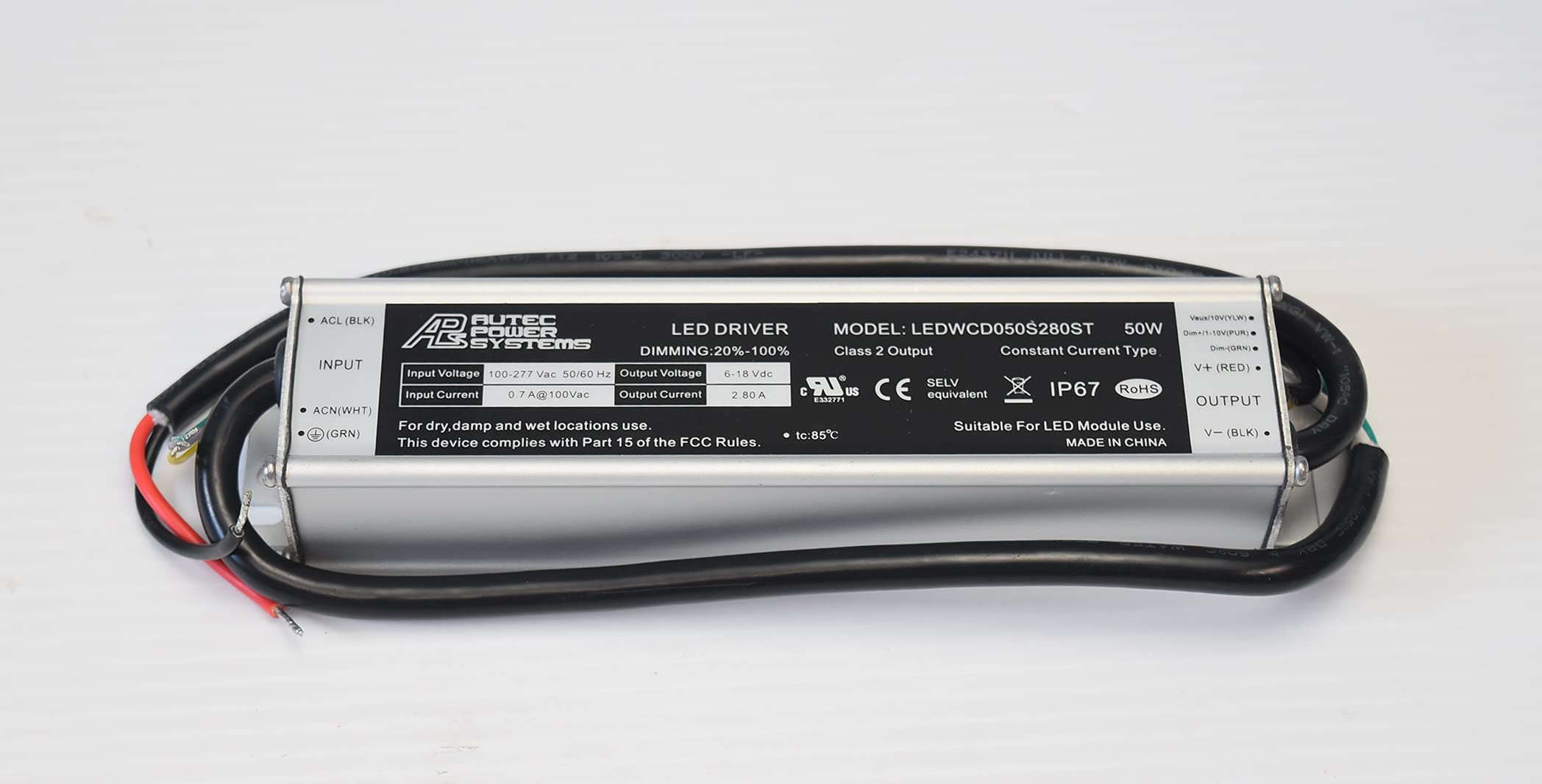 50W Class 2 Dimming Light LED Driver LEDWCD050S280ST Autec Power Systems Constant Current 277 Vac 18Vdc