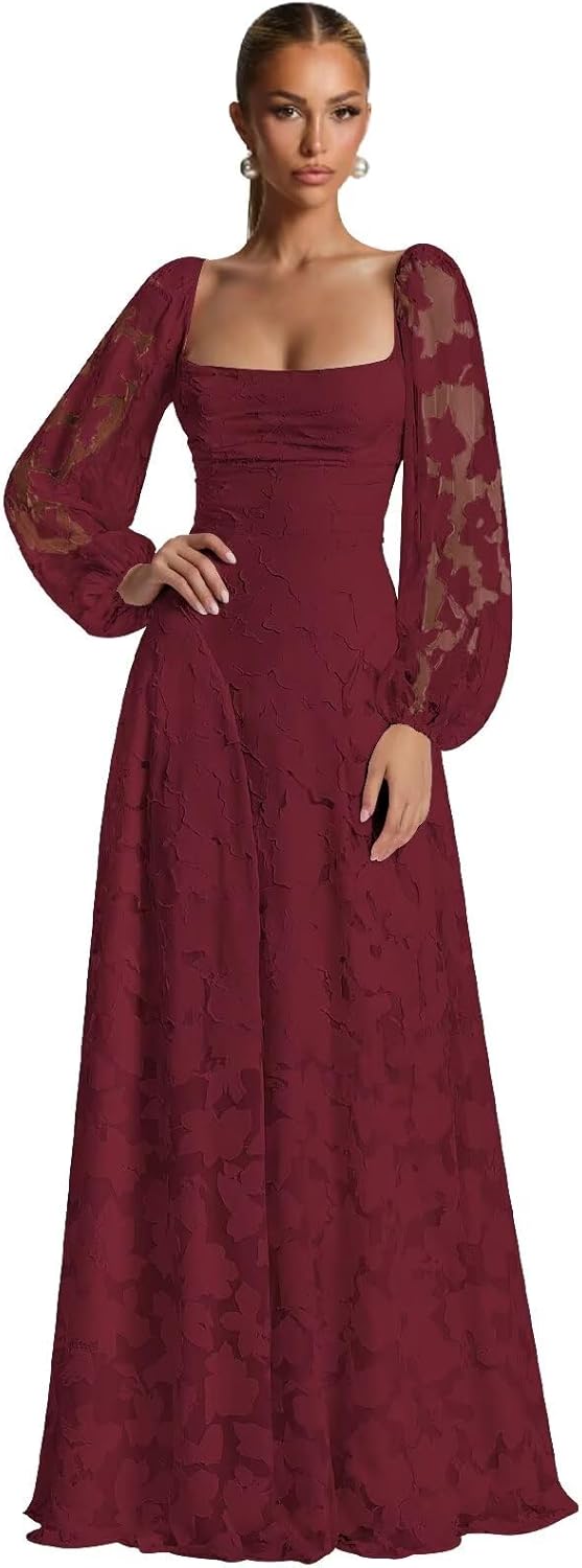 Chiffon Bridesmaid Dresses for Women Floral Long Sleeve Cowl Neck Formal Wedding Guest Dresses