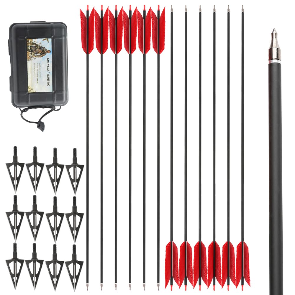 Lot de 12 flèches Flu-Flu en Carbone de 30 Pouces avec 4 Plumes de dindon, 12 Pointes de flèche, rigidité 500 Spine, flèches de Chasse et de tir pour tir à l’Arc, Arc à poulies & Arc Classique