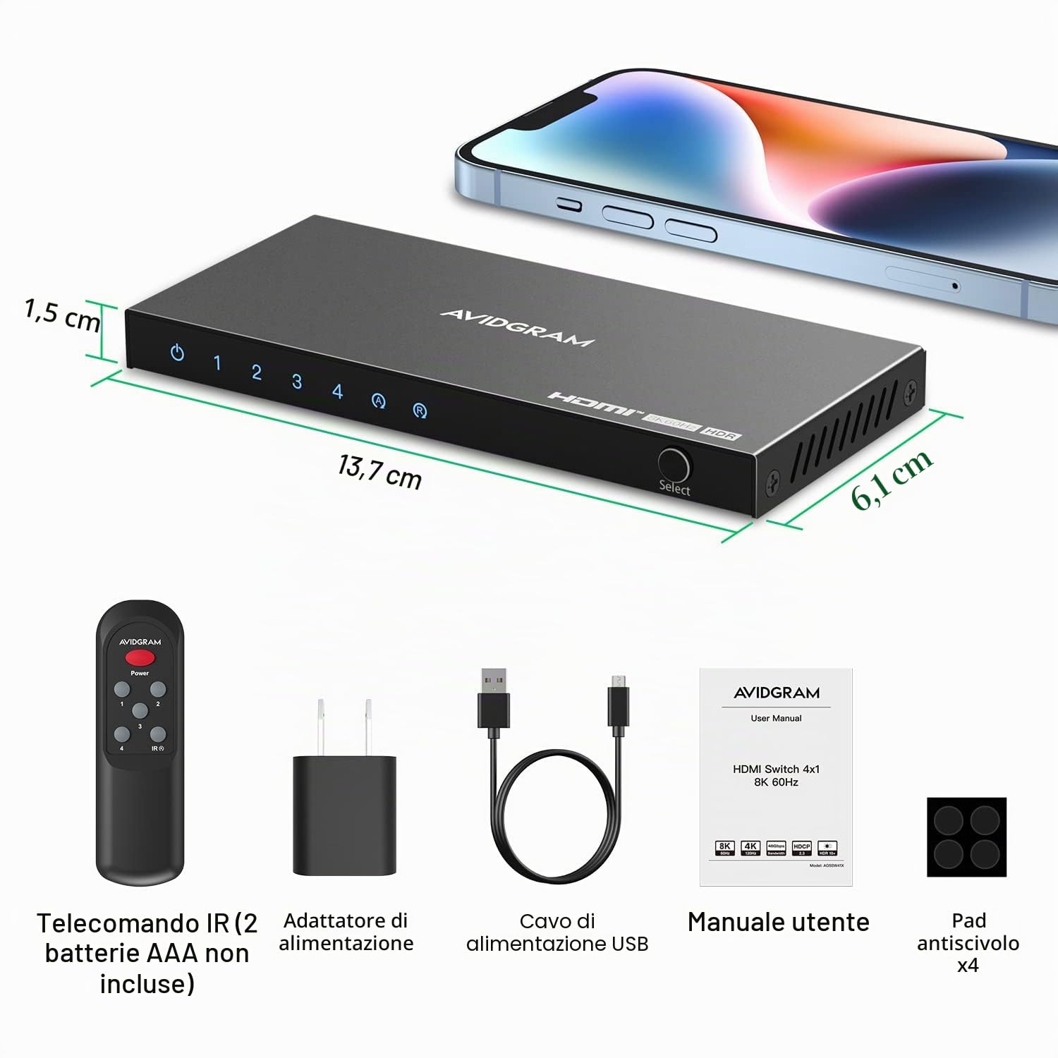 Switch HDMI 2.1 8K 60Hz 4:4:4, AVIDGRAM HDMI Switcher 4 In 1 Out con telecomando IR, 4 porte 4K 120Hz Auto HDMI Selector Hub Supporto 8K 48 Gbps, Compatibile con Xbox Series X, PS4 Pro, PS5, TV UHD