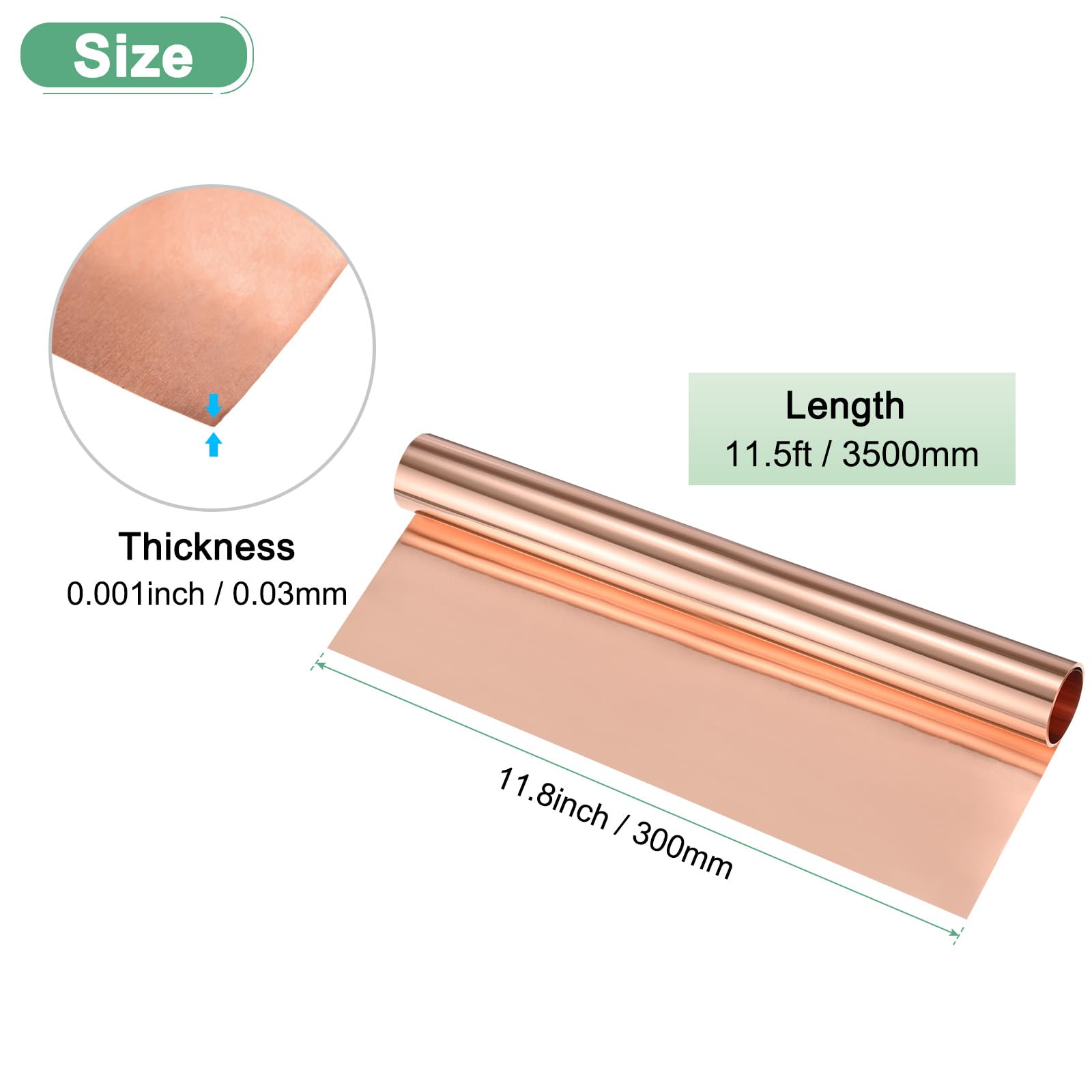M METERXITY Rotolo sottile di foglio di rame, 3500 mm x 300 mm x 0,03 mm (lunghezza x larghezza x spessore), striscia lampeggiante in metallo per artigianato, elettricità, progetti fai da te