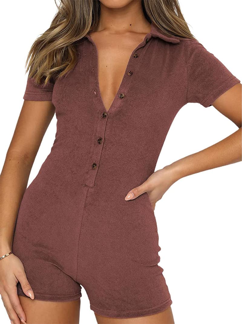 Combinaison moulante à manches courtes pour femme - Couleur unie, marron, M