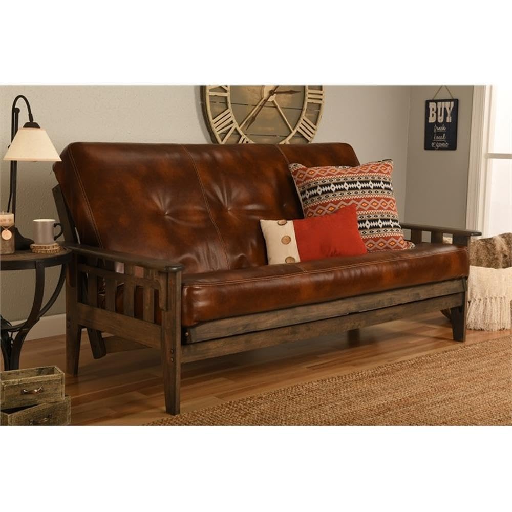 Kodiak Furniture 75" Traditional Polyester & Leather No-Flip Futon Mattress with Decorative Tuft, Coil-Hinged Innerspring, in Brown Finish, Frame Not Included
