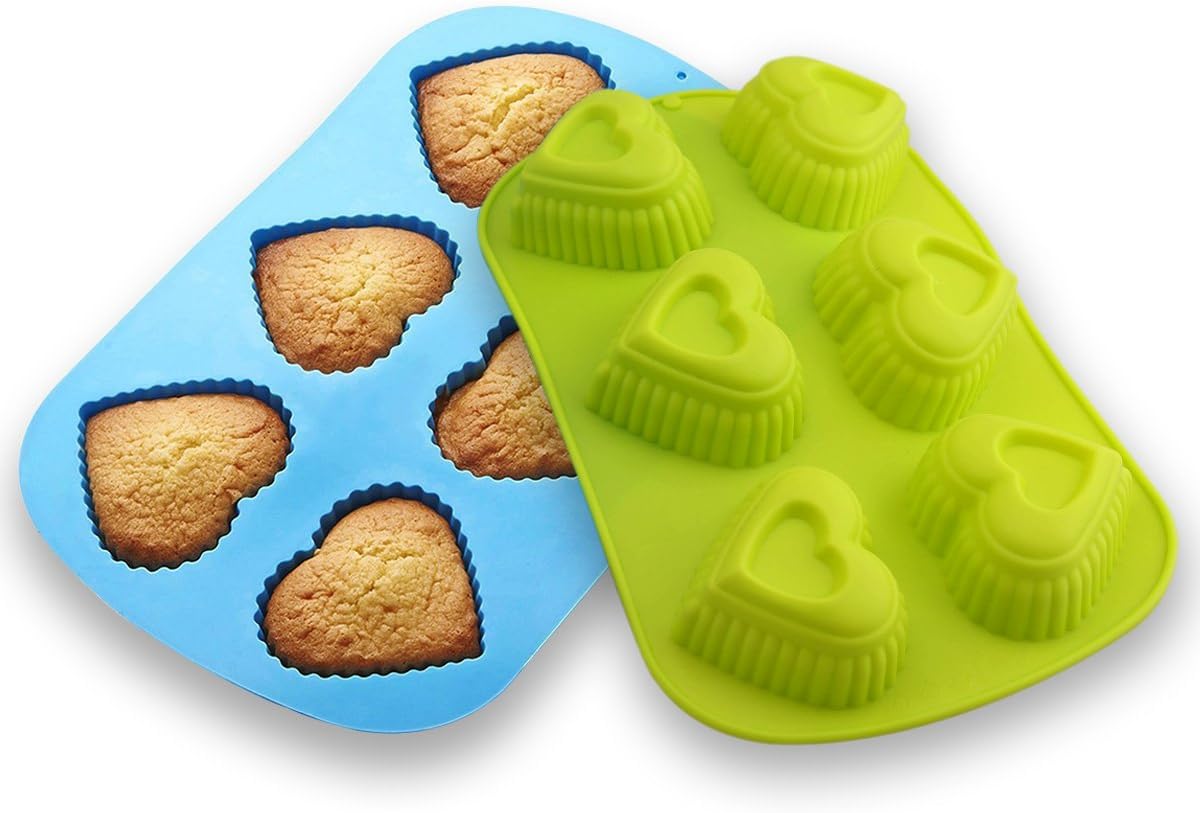 Seych 2 Pcs 6-Cup Silicone Muffin / Cupcake Baking Pan [Heart-Shaped Baking Cups] - Non-Stick, Heat Resistant (Up to 440°F) Mini Cake Baking Mold / Tray, Food Grade Reusable Bakeware, Blue Green