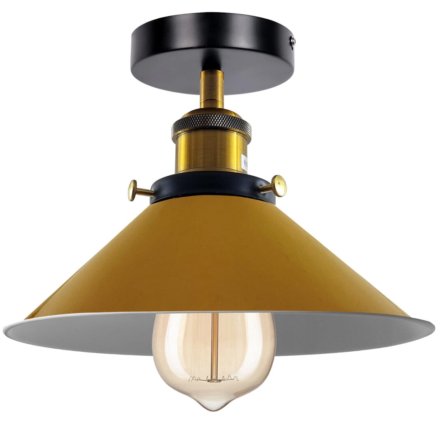 Ledsone Yellow Vintage Semi Flush Mount Lighting 22Cm Cone Lampshade Industrial Metal E27 Ceiling Light Fixture For Kitchen Hallway Farmhouse Living Room Bulb Included