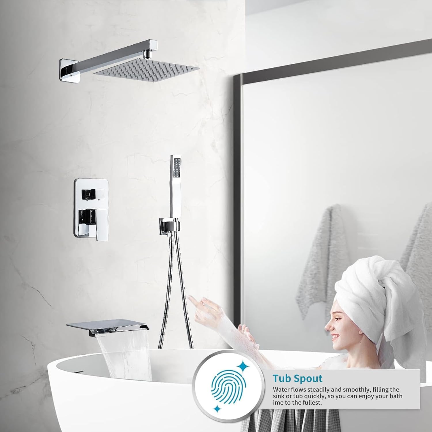 Chromowany zestaw baterii prysznicowych z wylewką 20 cm, głowica prysznicowa i uchwyt, zestaw z 2 haczykami, wanna i bateria prysznicowa, deszczownica i ręczny system prysznicowy, kwadratowy