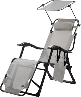 CampFeuer Tumbona Plegable con Parasol | Tumbona Reclinable y Plegable | Tumbona Reclinable con 6 Posiciones y Almohada | Tumbona de Exterior, de Jardín, Camping, Patio, Playa | Silla de Camping