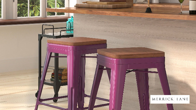 Butaco Merrick Lane Serie Dalton Alto de Mostrador - Acabado Púrpura - Asiento de Madera - Estructura Metálica con Refuerzo Cruzado - Diseño sin Respaldo - Reposapiés Integrado miniatura 5