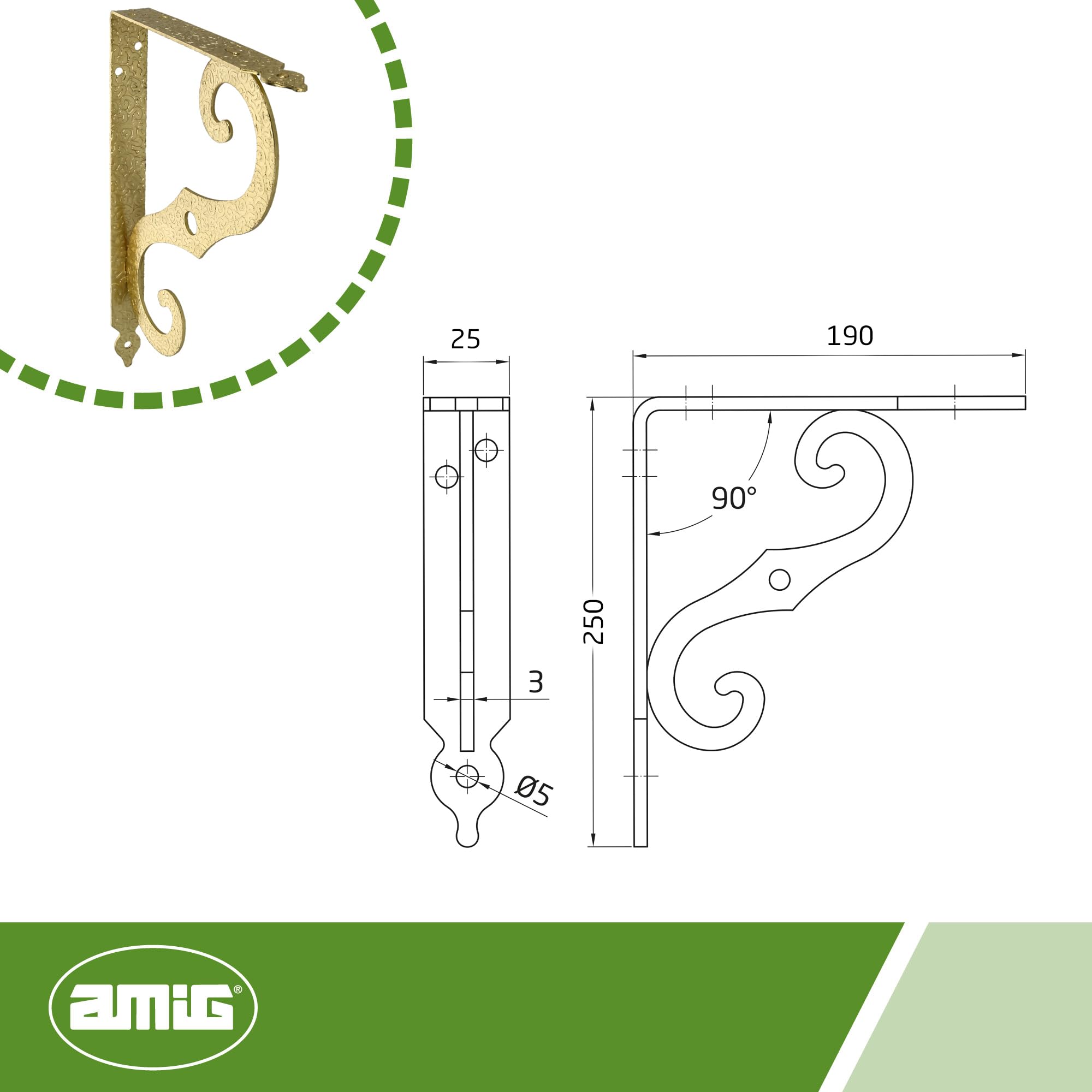 AMIG 1260 Stand - Angle - Door - Square, Brass Varnished, 250 x 190 mm, Multicoloured - Image 2