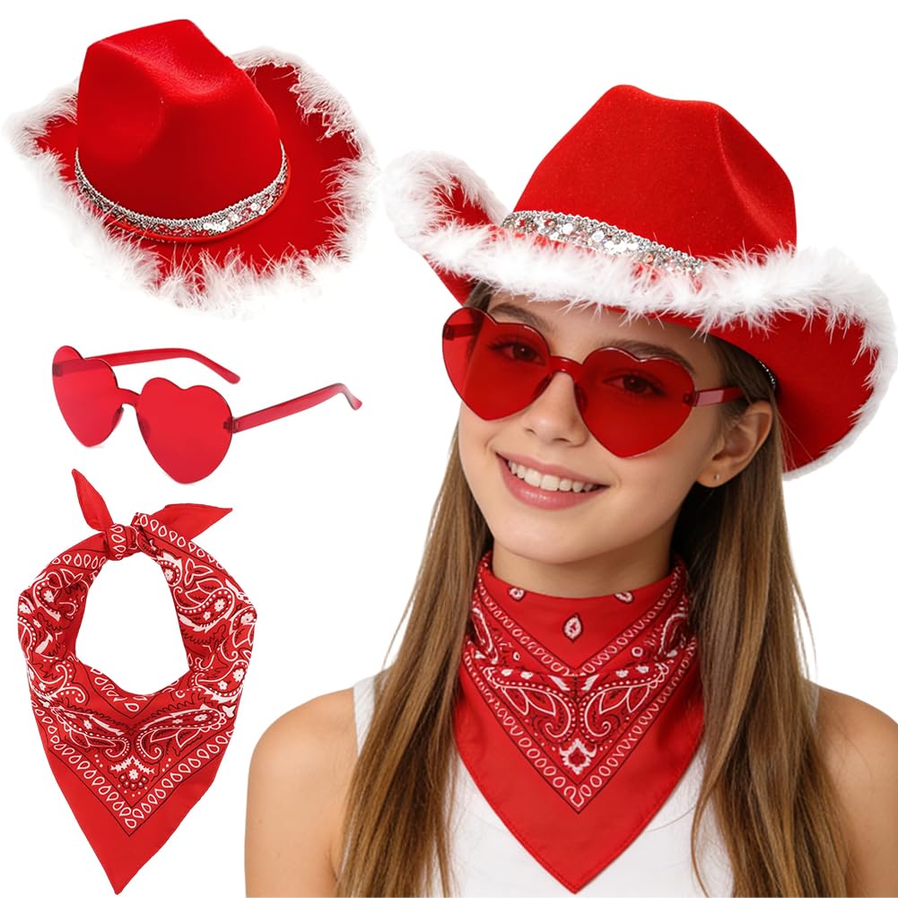 JynxtoyZeal Flashing Cowboy Hats Dress-Up Set, 3pcs Carnival Sequins Cowboy Caps, Hats with scarf and Glasses for Carnival Costume, Prop, Cosplay, Valentine's Day Gift, Party Headwear