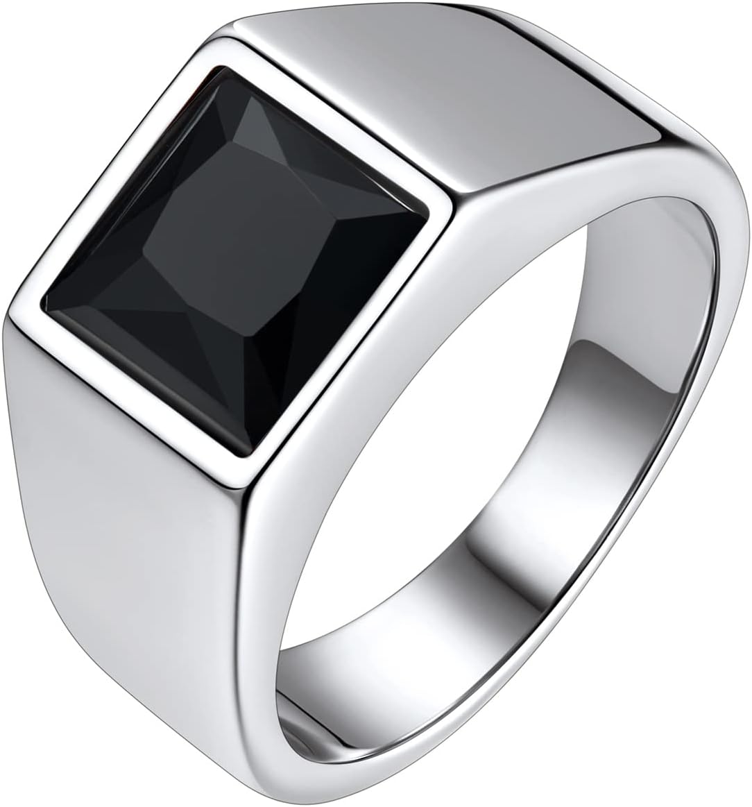 Stainless Steel Men Signet Ring-Black/Blue Gemstone Band Ring-Classic Simple Thick Men Ring Size 7-14