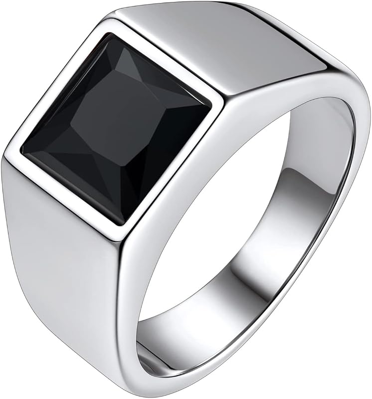 Stainless Steel Men Signet Ring-Black/Blue Gemstone Band Ring-Classic Simple Thick Men Ring Size 7-14