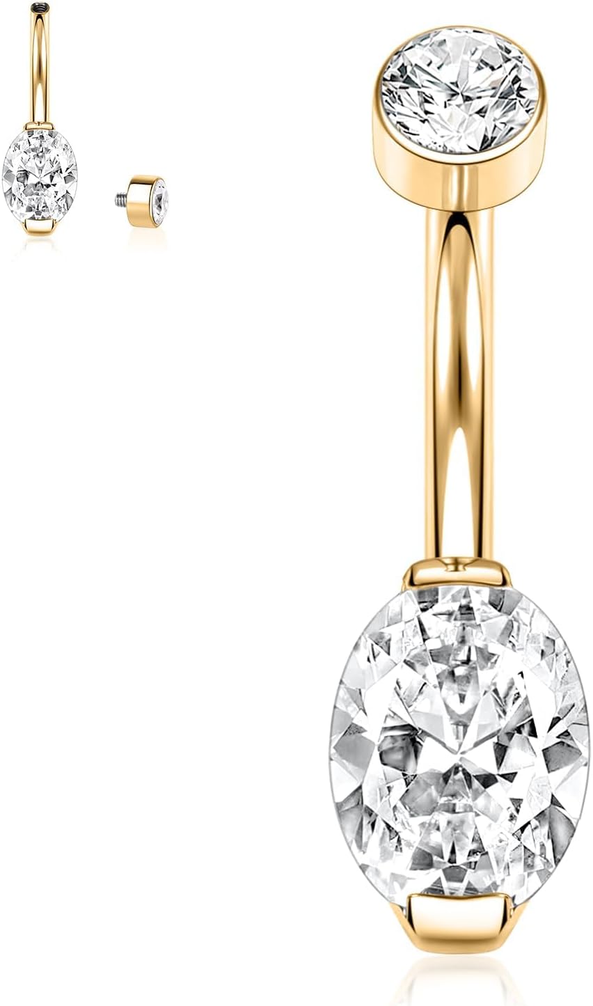PEAKLINK G23 Titanium Belly Button Ring 14G Belly Piercing 10mm Navel Ring Internal Thread Navel Piercing Jewelry Cubic Zirconia Navel Belly Barbell Stud for Women