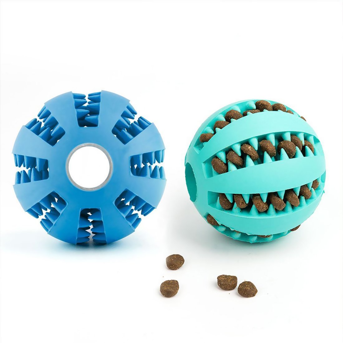 DEWEL 2 PCS Pelota Perro, Juguete Interactivos para Perro, Juguete Dispensador de Golosinas para Mascotas, Pelota Dental Perro Indestructible, Bola de Limpieza de Dientes, de Caucho, Azul y Verde 5cm