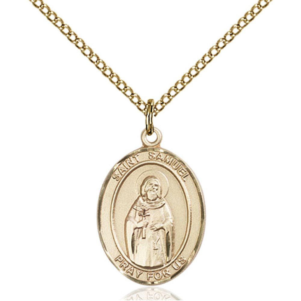 Bonyak Jewelry Saint Medal Collection Custom Engraved Gold Filled St. Samuel Pendant 3/4 x 1/2 inches with Gold Filled Lite Curb Chain