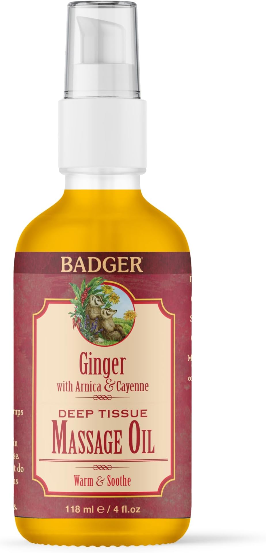 - Badger Ginger Massage Oil, 100% Organic Massage Oil, w/Arnica Oil & Cayenne for Warming Soothing Deep Tissue Sore Muscle Relief, 4 fl oz Glass Bottle