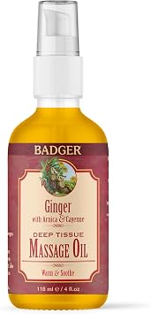Badger Ginger Massage Oil, 100% Organic Massage Oil, w/Arnica Oil & Cayenne for Warming Soothing Deep Tissue Sore Muscle Relief, 4 fl oz Glass Bottle