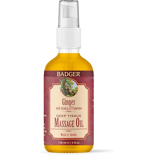Badger Ginger Massage Oil, 100% Organic Massage Oil, w/Arnica Oil & Cayenne for Warming Soothing Deep Tissue Sore Muscle Relief, 4 fl oz Glass Bottle