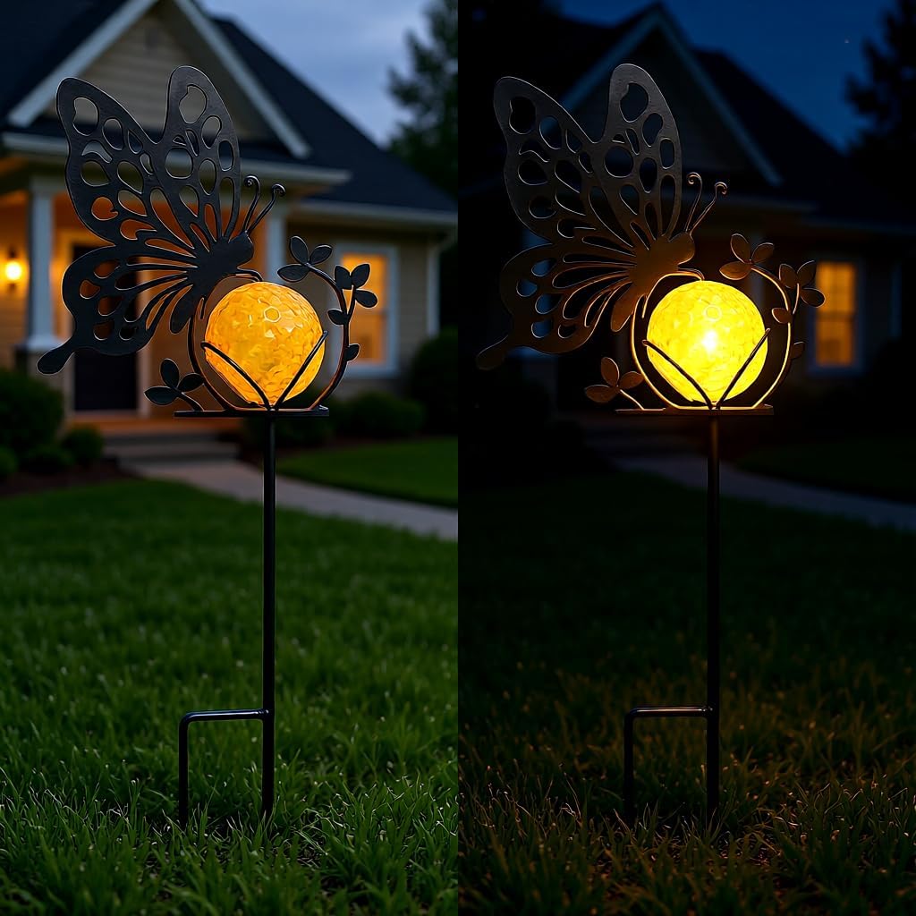 Butterfly Solar Lights Outdoor Decorations, 2 Pack Metal Iron Solar Stake Lights for Yard, Garden, Lawn Decor image 4