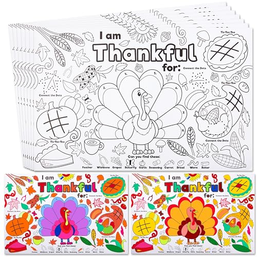 JOYIN 24 Pcs Thanksgiving Coloring Placemats, Thanksgiving Turkey Coloring Paper Table Mats, Make Your Own Art & Craft Kit for Kids School Activities Party Decoration Supplies(No pigment)