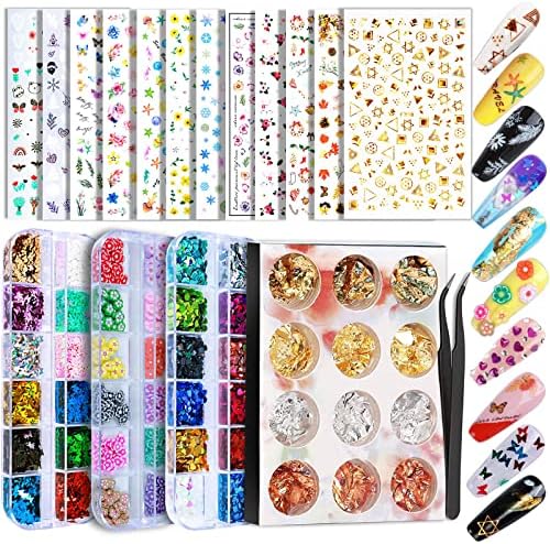 Nail Art Sticker, 12 Sheets Nail Art Stickers Flower Nail Stickers Decal 3D Self-Adhesive, Teenitor Nail Art Decoration with Nail Art Glitter Butterfly Heart Sequins Nail Foil Flakes Nail Art Flower Slices