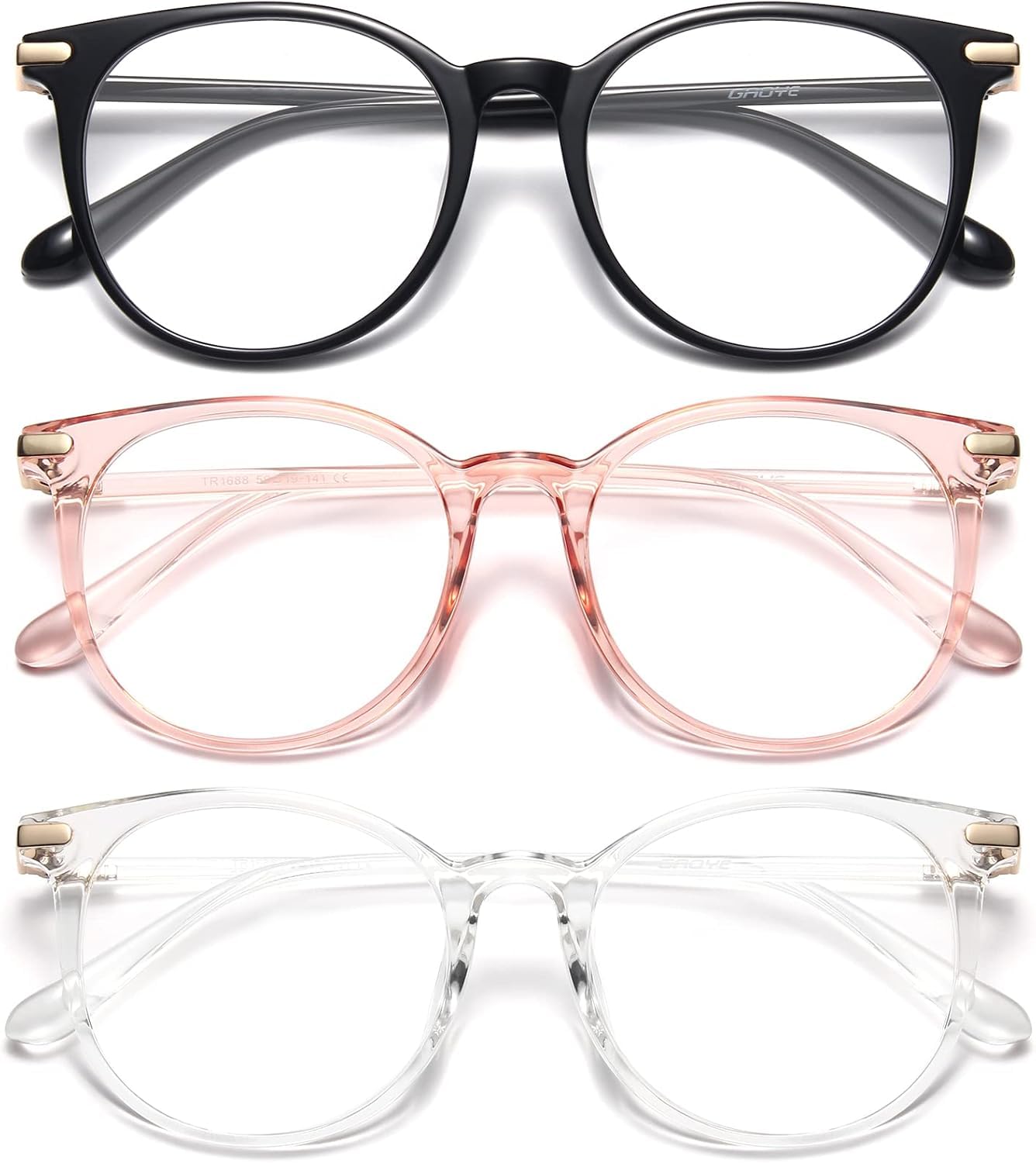 Gaoye 3 Pack Blue Light Blocking Glasses, Retro Round Eyewear Frame Anti Eyestrain Computer Glasses for Women Men - GY1688 (Black+Pink+Transparent)