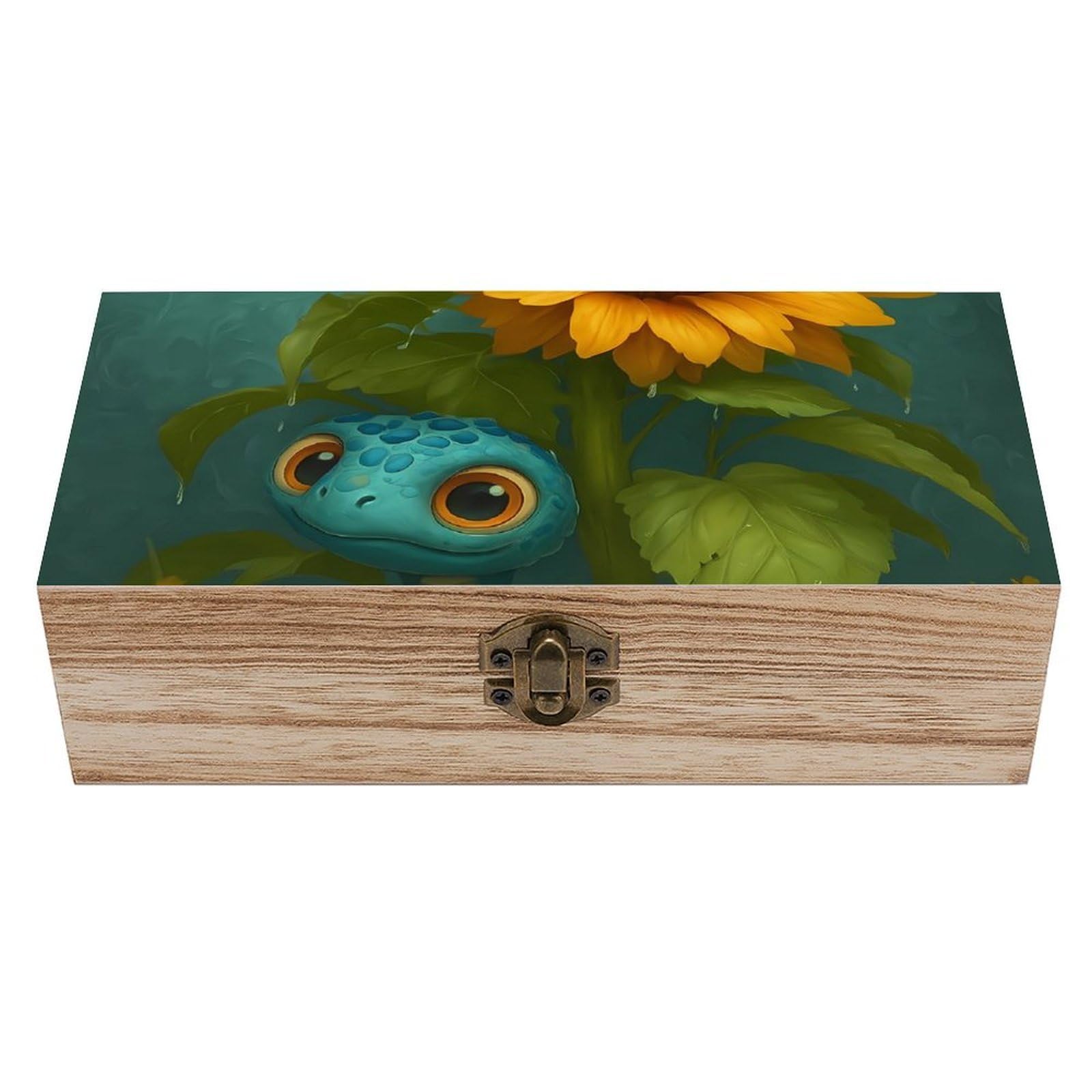 Oudrspo Cute Blue Turtle Holding Watering Can Retro Wooden Storage Box Keepsake Jewelry Decorative Art Storages Box Gift Boxs
