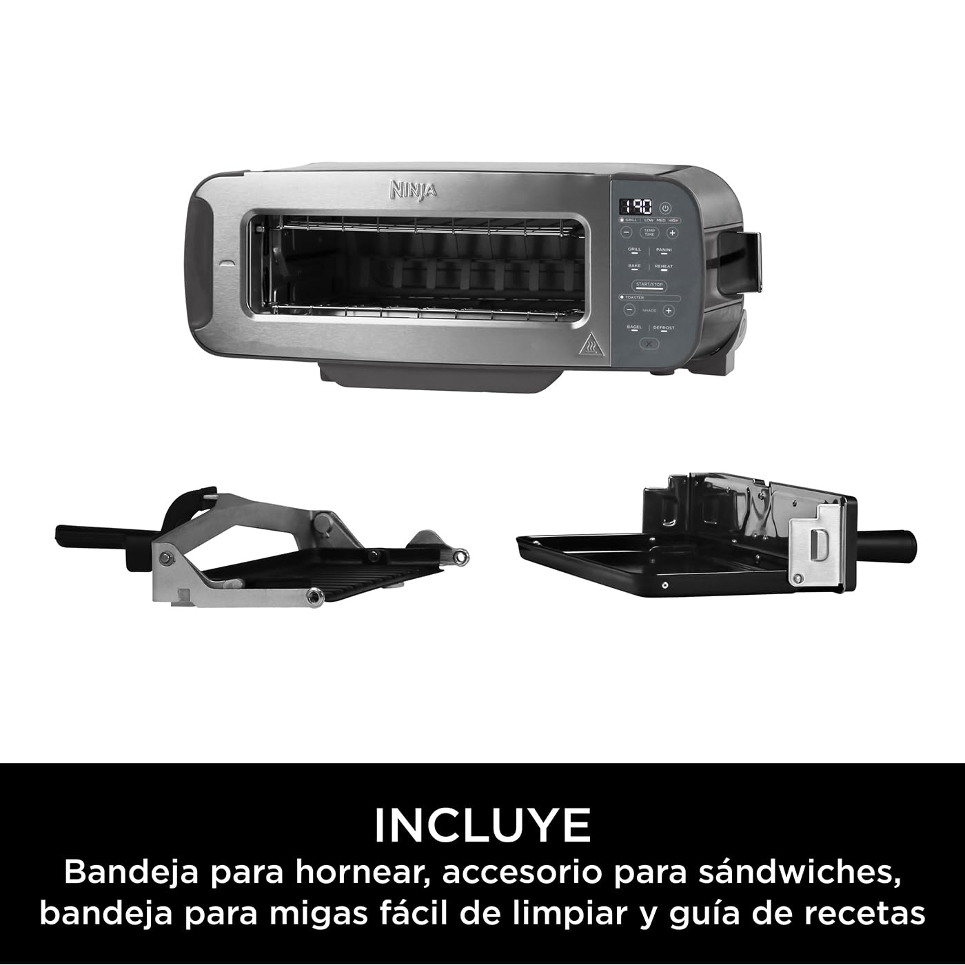 Ninja Foodi Tostadora, parrilla y sandwichera 3 en 1 con diseño de volteo, 7 funciones de cocción, 7 niveles de tostado, incluye bandeja para hornear y bandeja para migas, en acero inoxidable, ST202EU