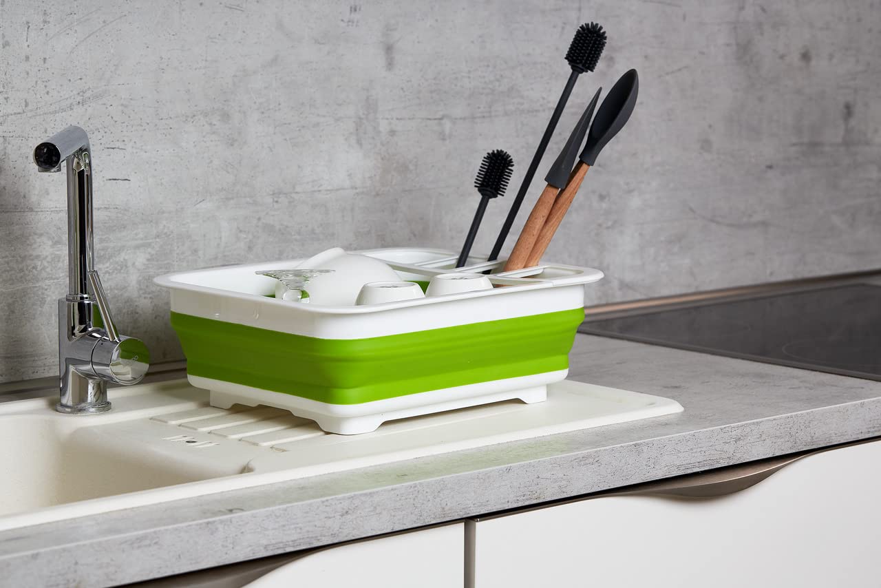 WENKO Égouttoir pour Vaisselle Pliable Blanc/Vert - Support d'égouttage pour la Vaisselle et Les Couverts, Polypropylène, 36.5 x 13 x 31 cm, Blanc