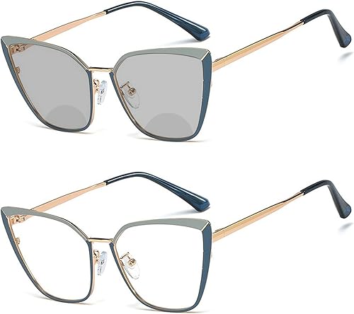 mincl Gafas de lectura fotocromáticas para exteriores, lentes de metal con marco transparente para lectores femeninos bifocales