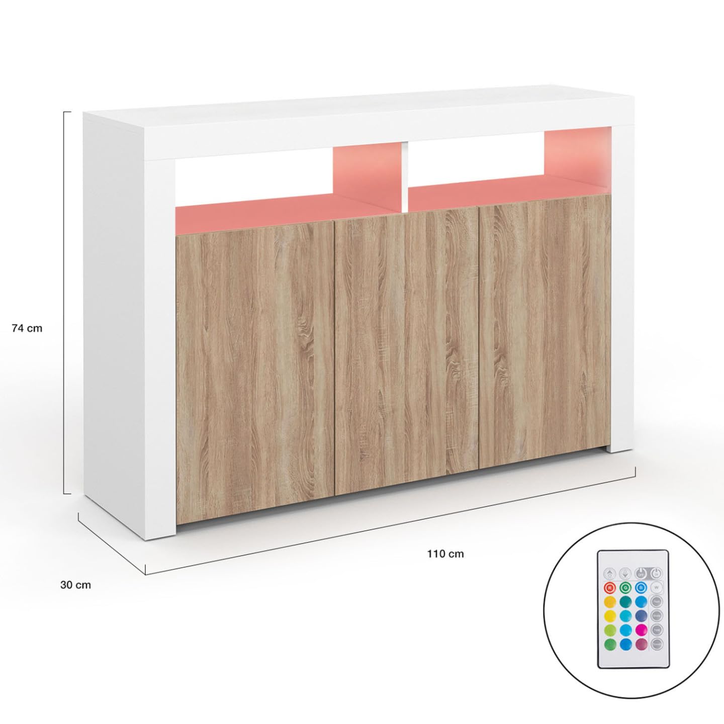 IDMarket ELIGHT - Aparador de 110 cm, 3 puertas con LED y nichos blanco y madera de haya