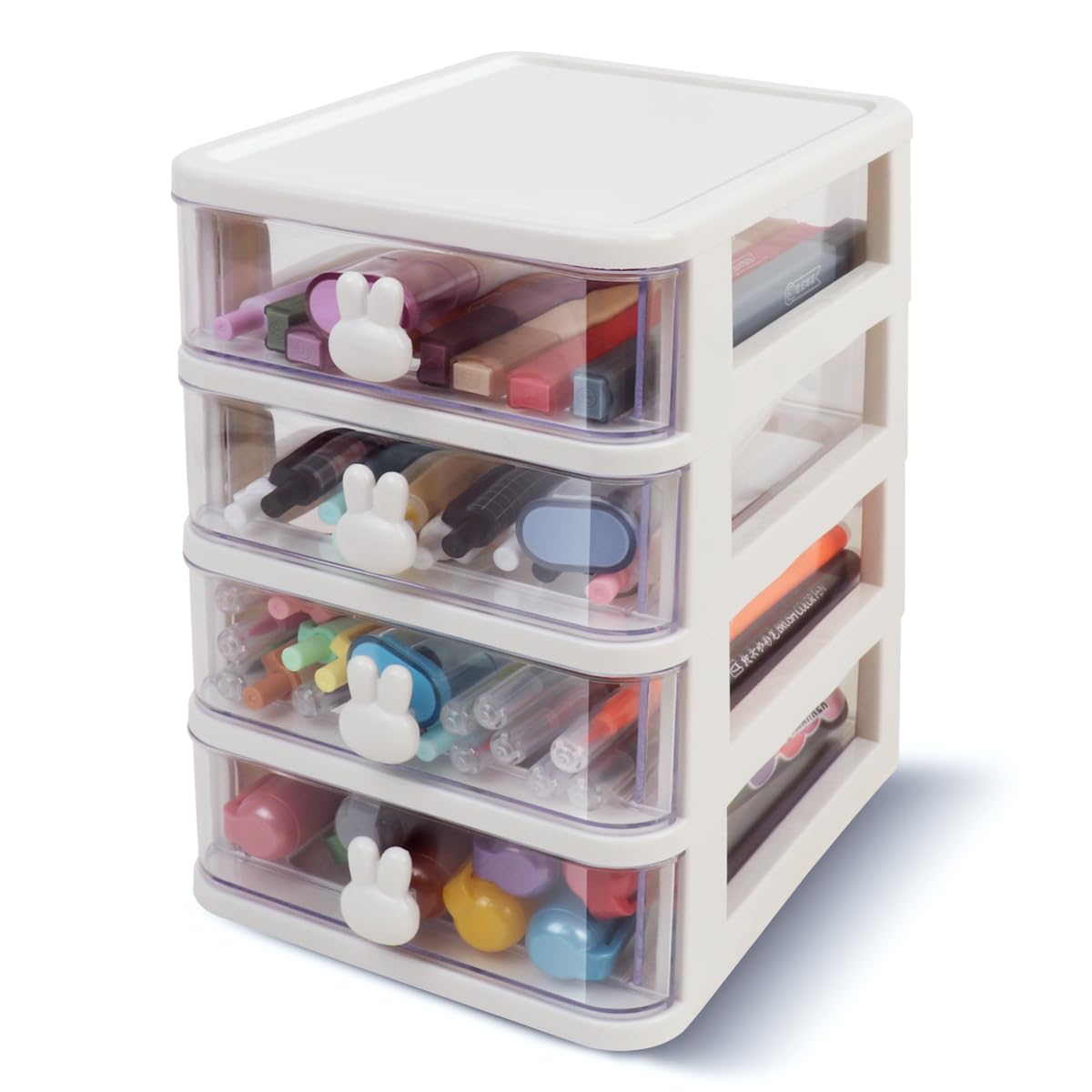 Ehoter White Drawers Desktop Storage Unit With Drawers Stationary Arts Drawer Tabletop Organiser With Cute Rabbit Handle Desktop Storage Tower Unit For Office Bedroom Garage (,4 Layer)