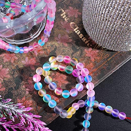 110Pcs Matte Aurora Crystal Glass Beads, 8MM/6MM Colorful Glitter Round Glass Beads Frosted Crystal Glass Beads Refractive Glow for Jewelry Making Crafts DIY