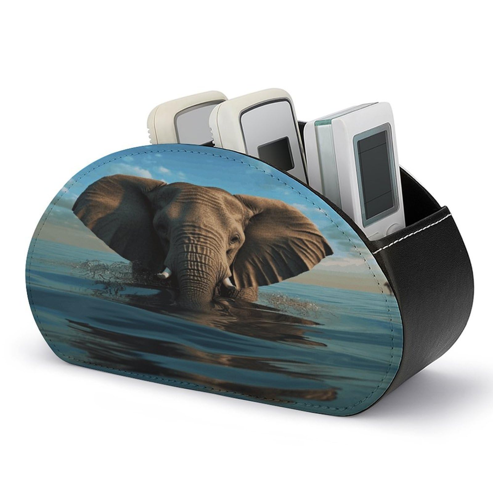 LZQPOEAS Elephant Is Sitting in The Water Remote Control Holder with 5 Compartments PU Leather Remote Organizer Box Caddy for Table Nightstand Remote Caddy Desktop Organizer Fits Media Controllers